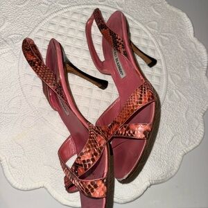 Manolo Blahnik Pink and Orange Snakeskin Sandals